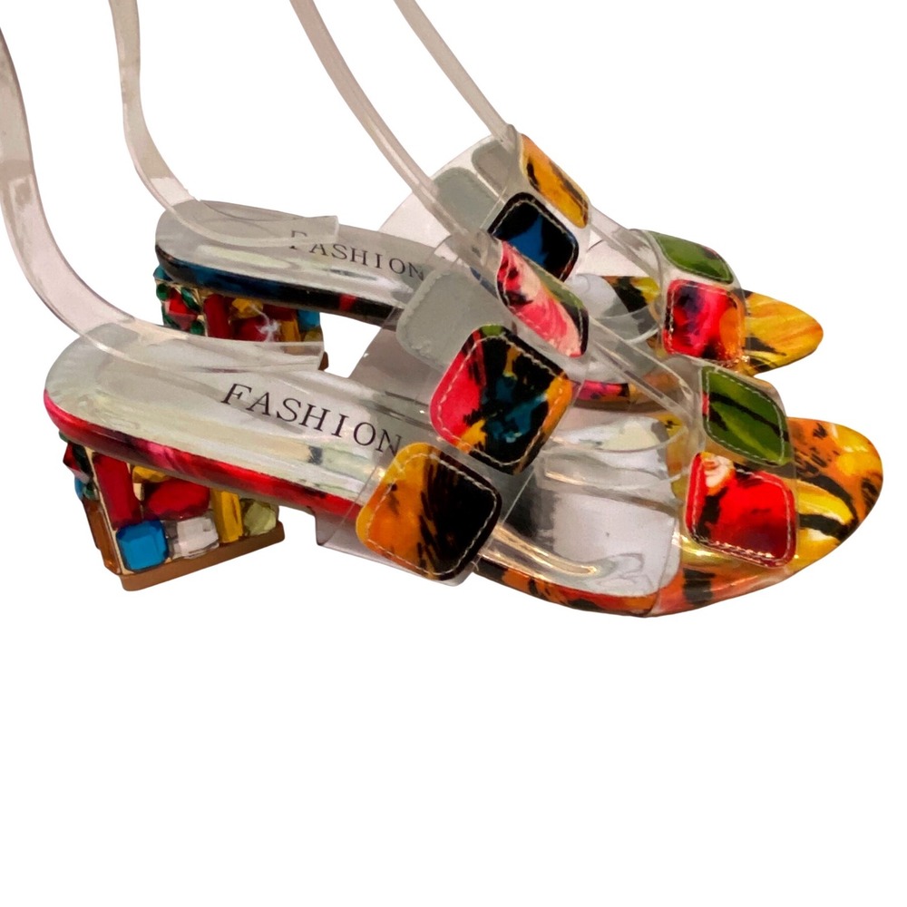 Fashion Multi Color Jeweled Block Heel Clear Strap Slide Sandals Sz 6.5